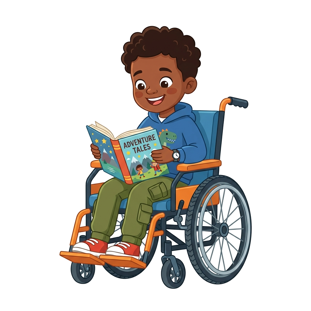 Boy in wheelchair reading